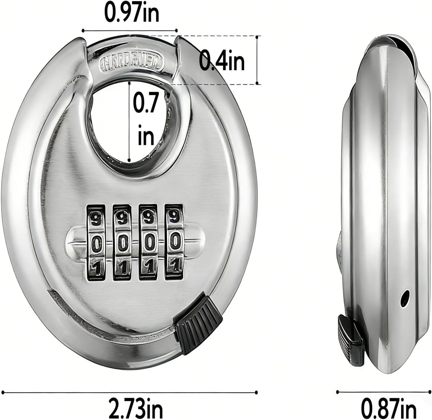 Candado disco acero inox combinación 4dígitos redondo plateado
