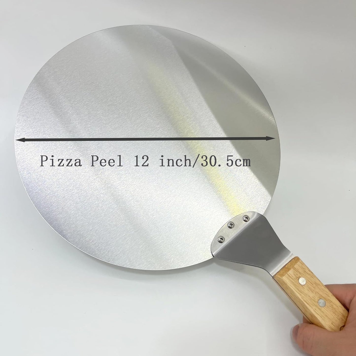 Pala de pizza redonda de acero inoxidable con mango de madera