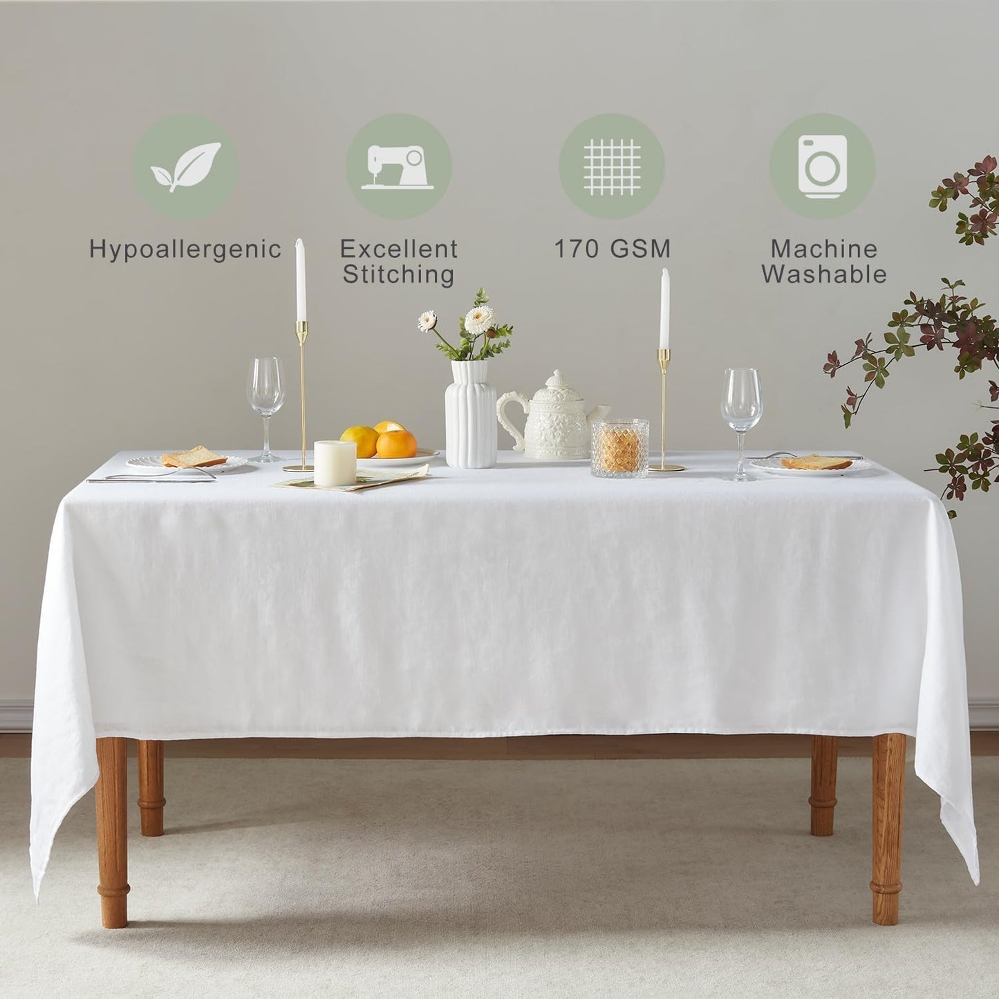 Mantel de lino francés rectangular para cocina comedor fiesta 60x144 pulgadas blanco