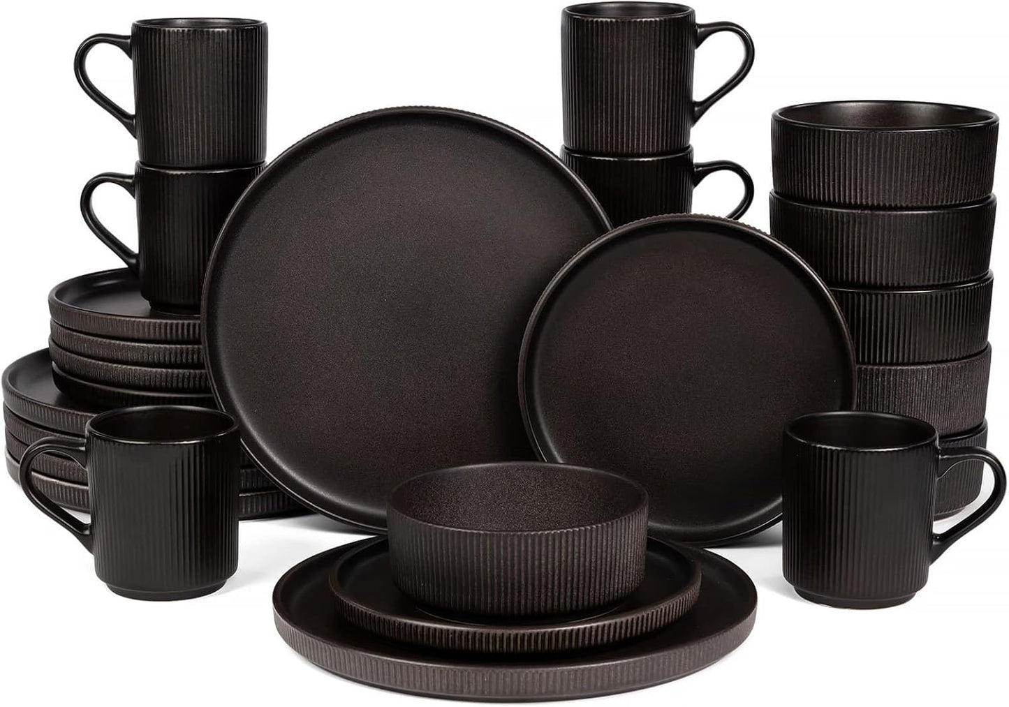 Set 24 Pzas Vajilla Cerámica Acanalada Negro Reactivo Mate