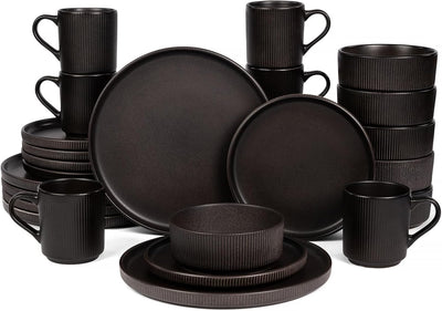 Set 24 Pzas Vajilla Cerámica Acanalada Negro Reactivo Mate