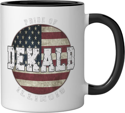 Taza cerámica bandera estadounidense vintage DeKalb Illinois negra/blanca