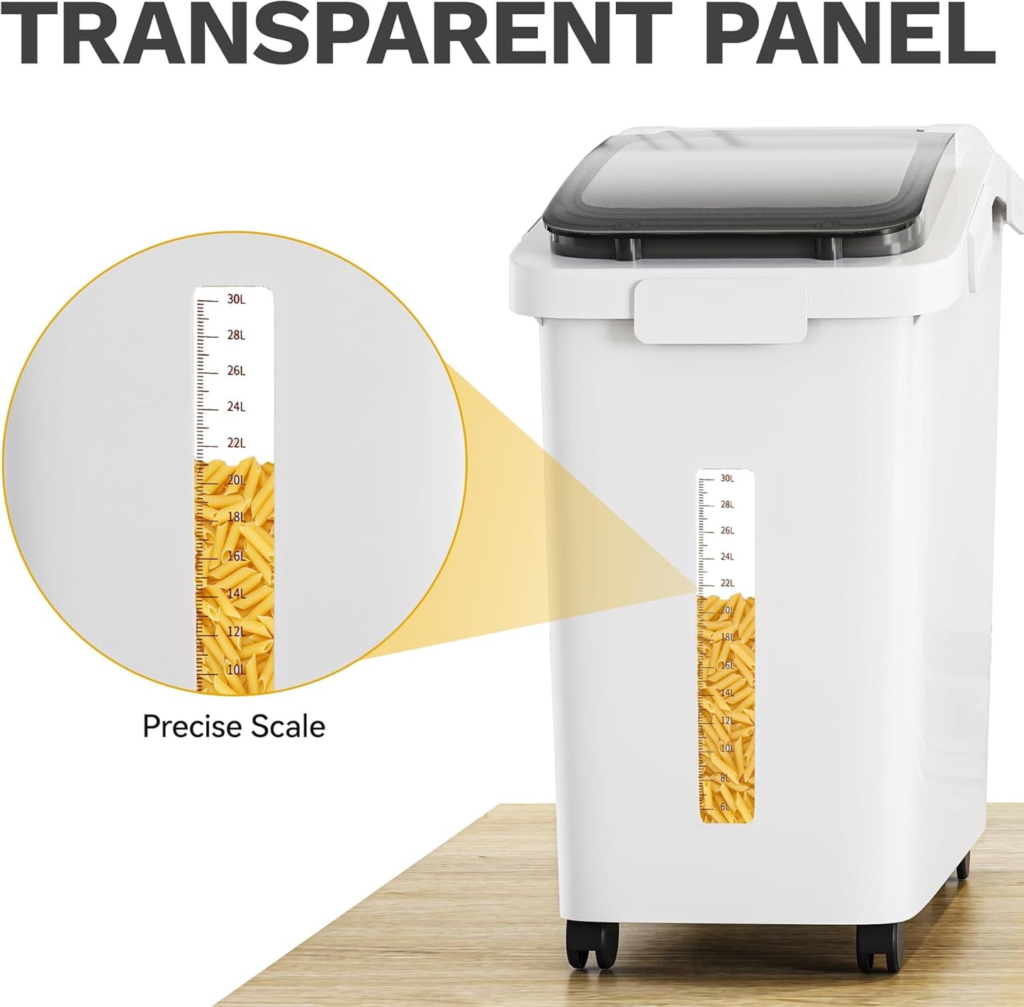 Contenedor 75L almacena harina arroz con ruedas y taza medidora