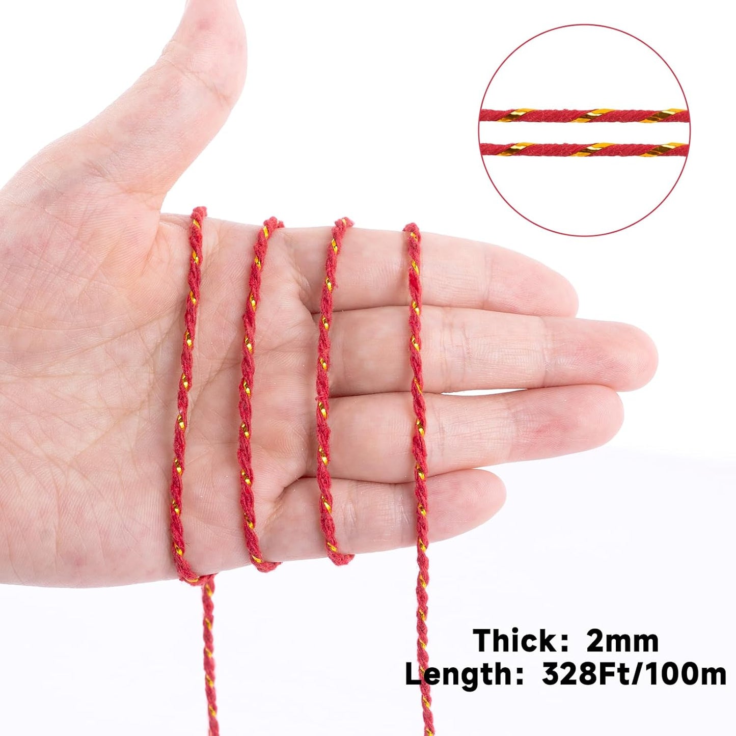 Cuerda de algodón rojo dorado 328ft para regalos y decoración