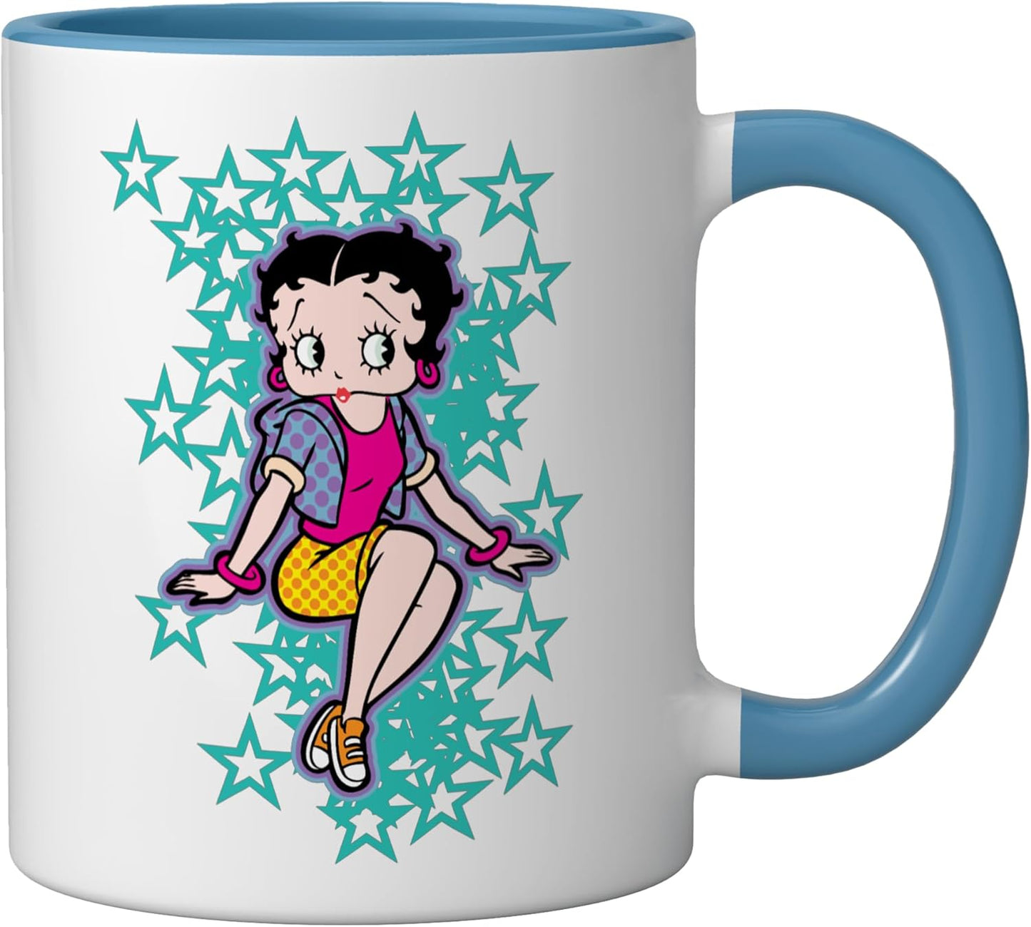 Taza de cerámica Betty Boop con estrellas turquesas azul y blanco