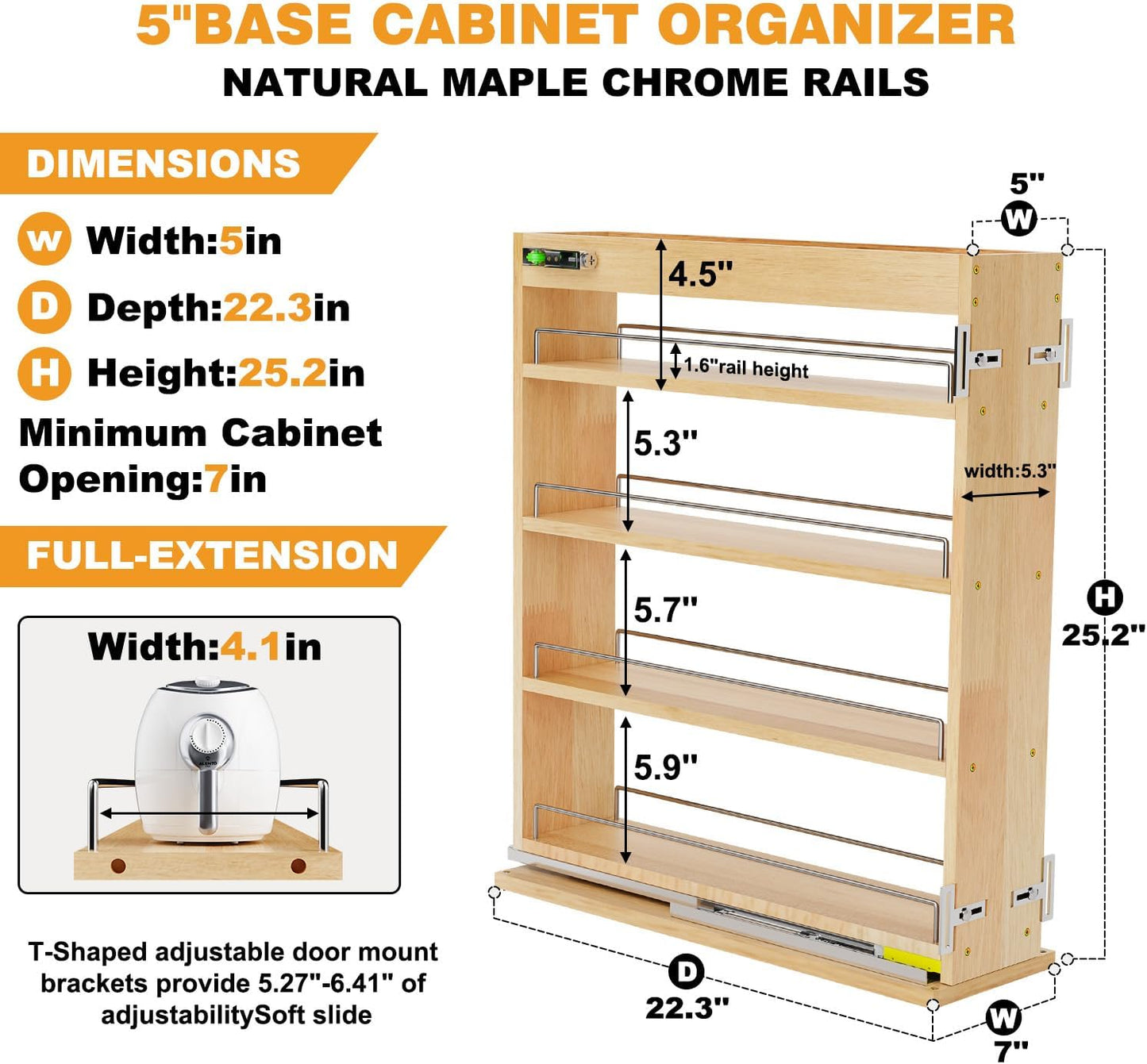 Organizador especias estante deslizante madera 5x22.3x25.2pulg