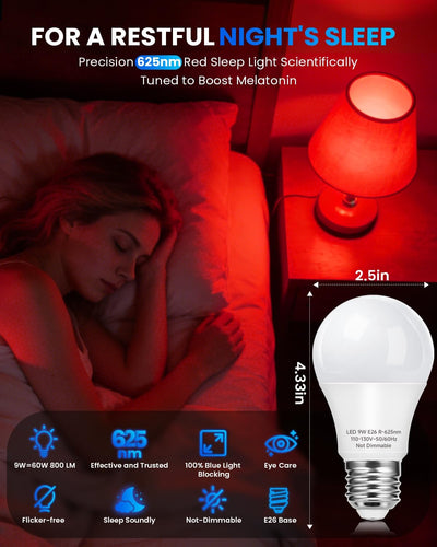Bombilla roja A19 LED E26 9W 625nm bloqueo luz azul dormitorio