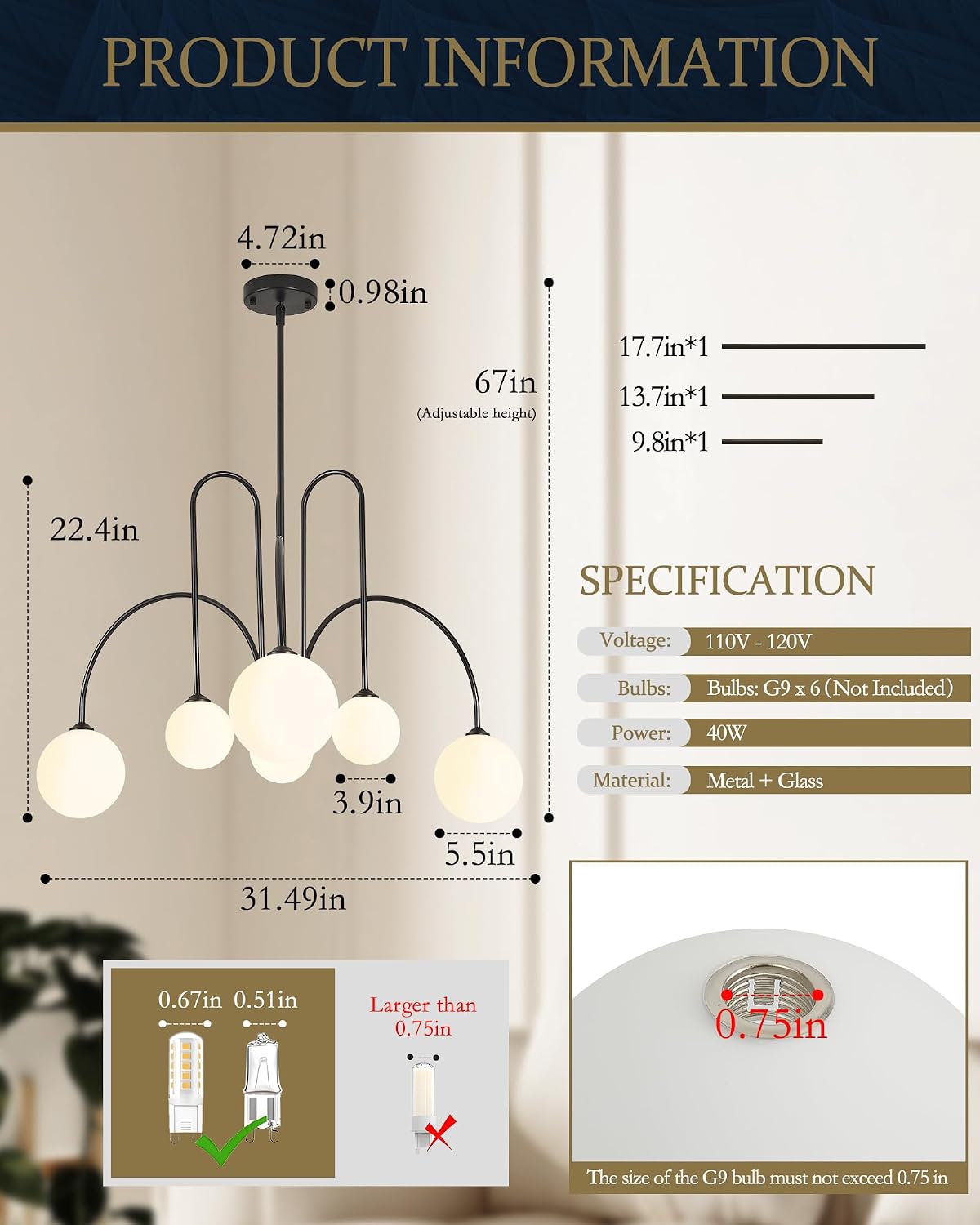 Candelabro negro 6 brazos Sputnik vidrio leche