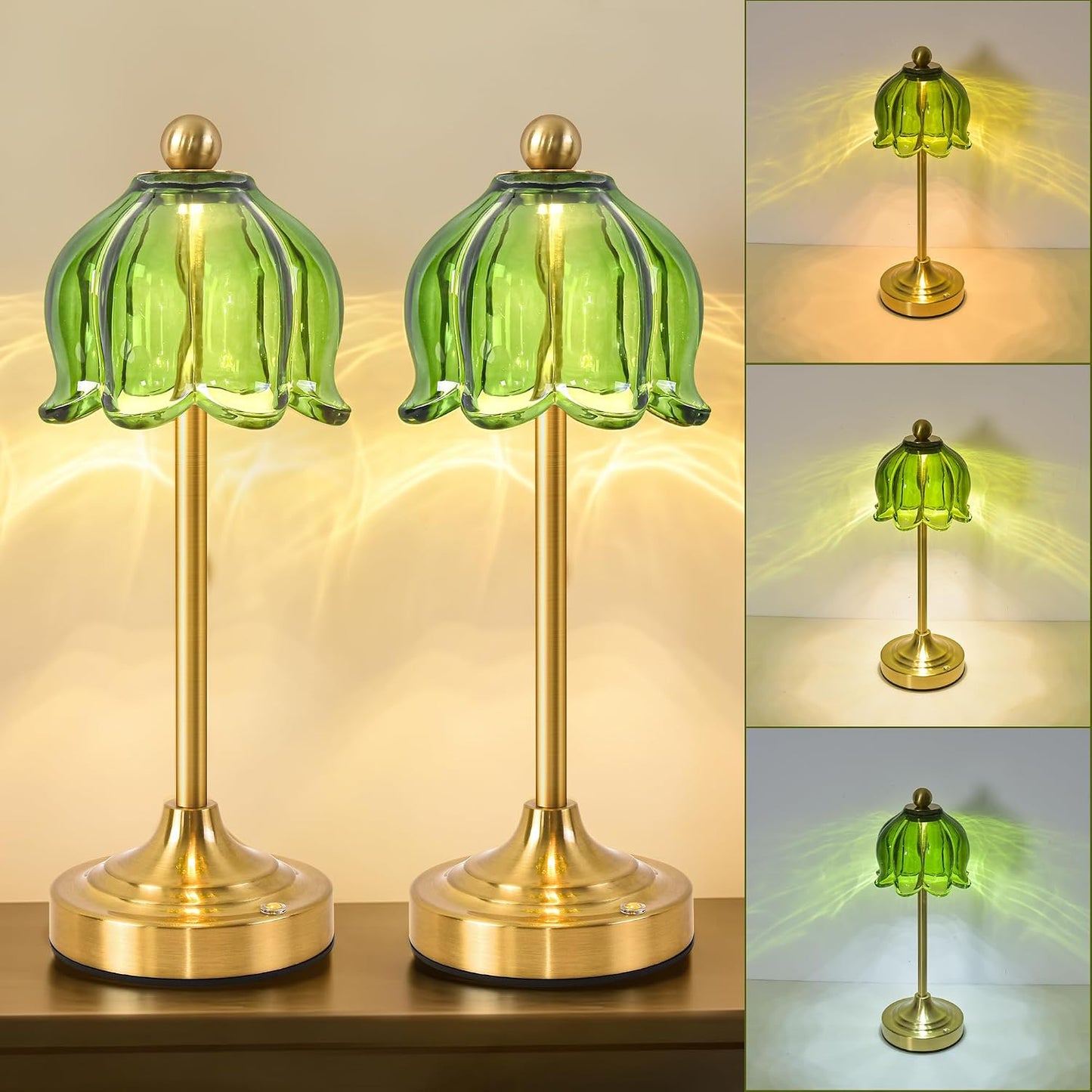 Lámpara mesa recargable tulipán LED vidrio verde