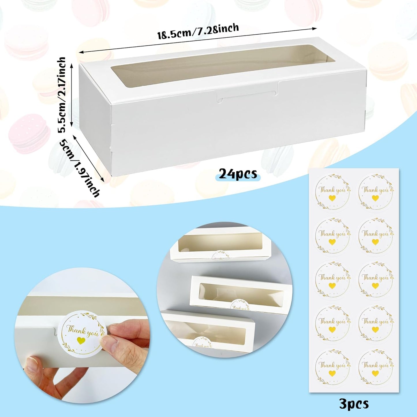 24 Cajas Macarrón Blanco Regalo con Ventana