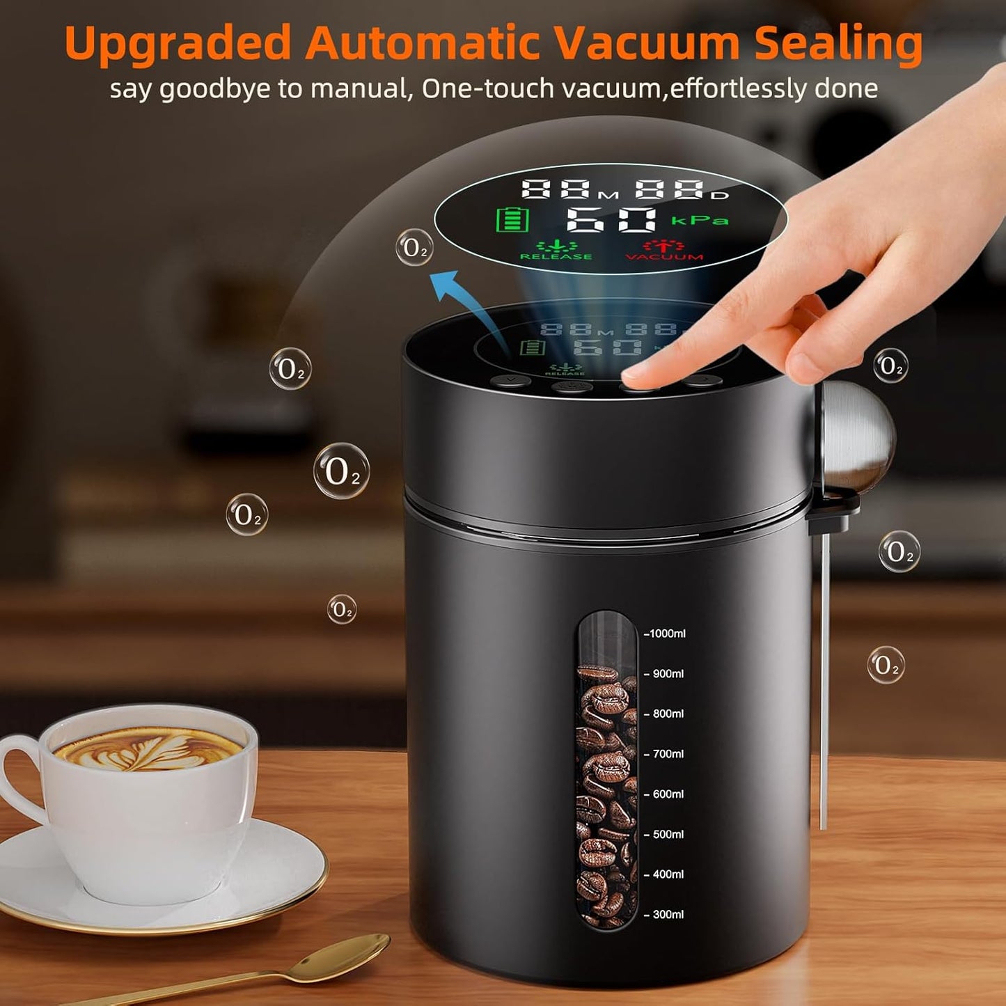 Recipiente automático de café al vacío con sensor de presión y pantalla LED