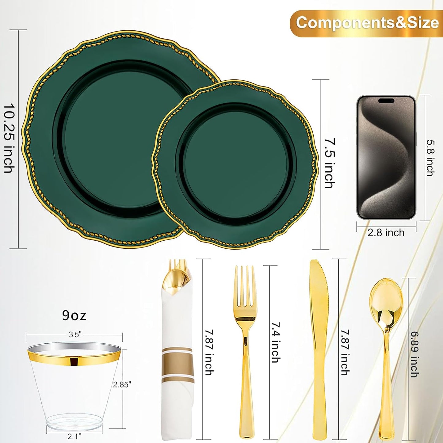 Set 350 platos plástico dorado verde con servilletas