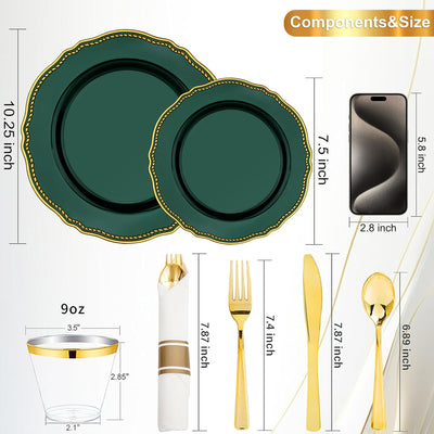 Set 350 platos plástico dorado verde con servilletas
