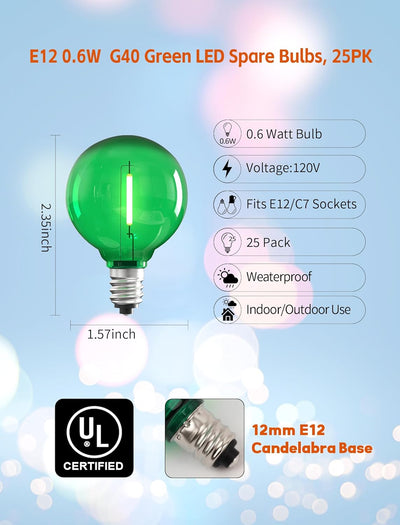 Pack 25 Bombillas LED G40 E12 Verdes para Luces Patio