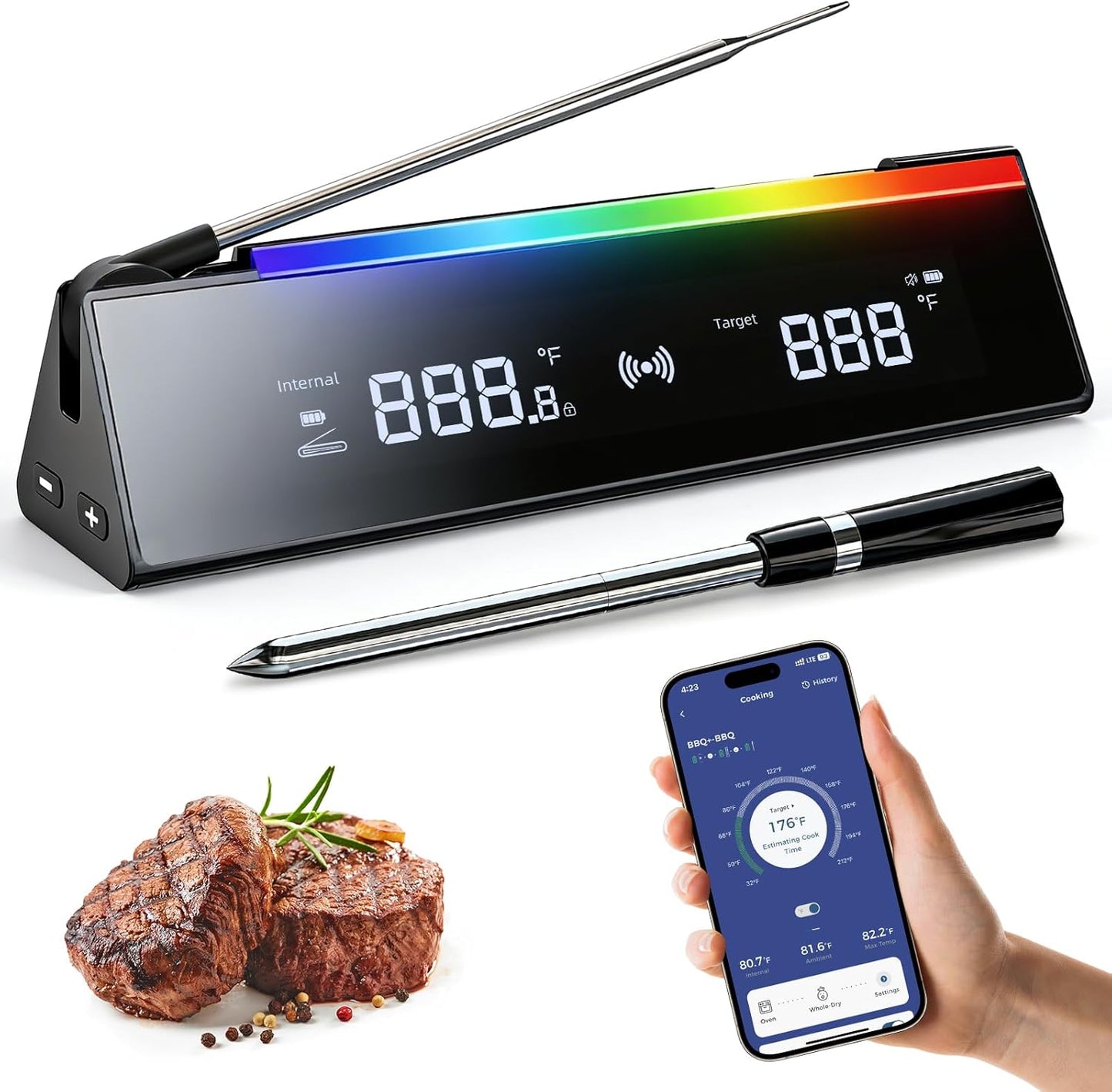 Termómetro de carne con 2 sondas, luz RGB y app