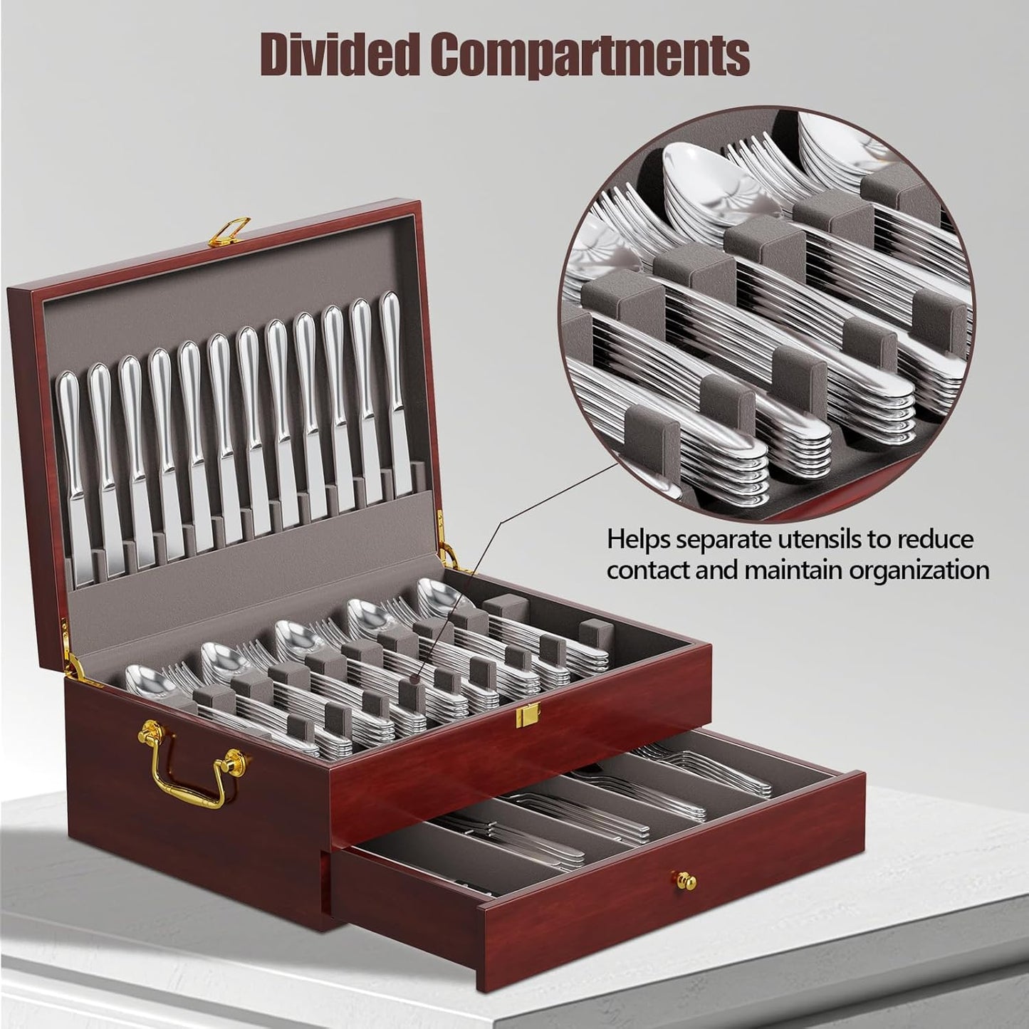 Caja almacenamiento cubiertos madera 2 capas nuez