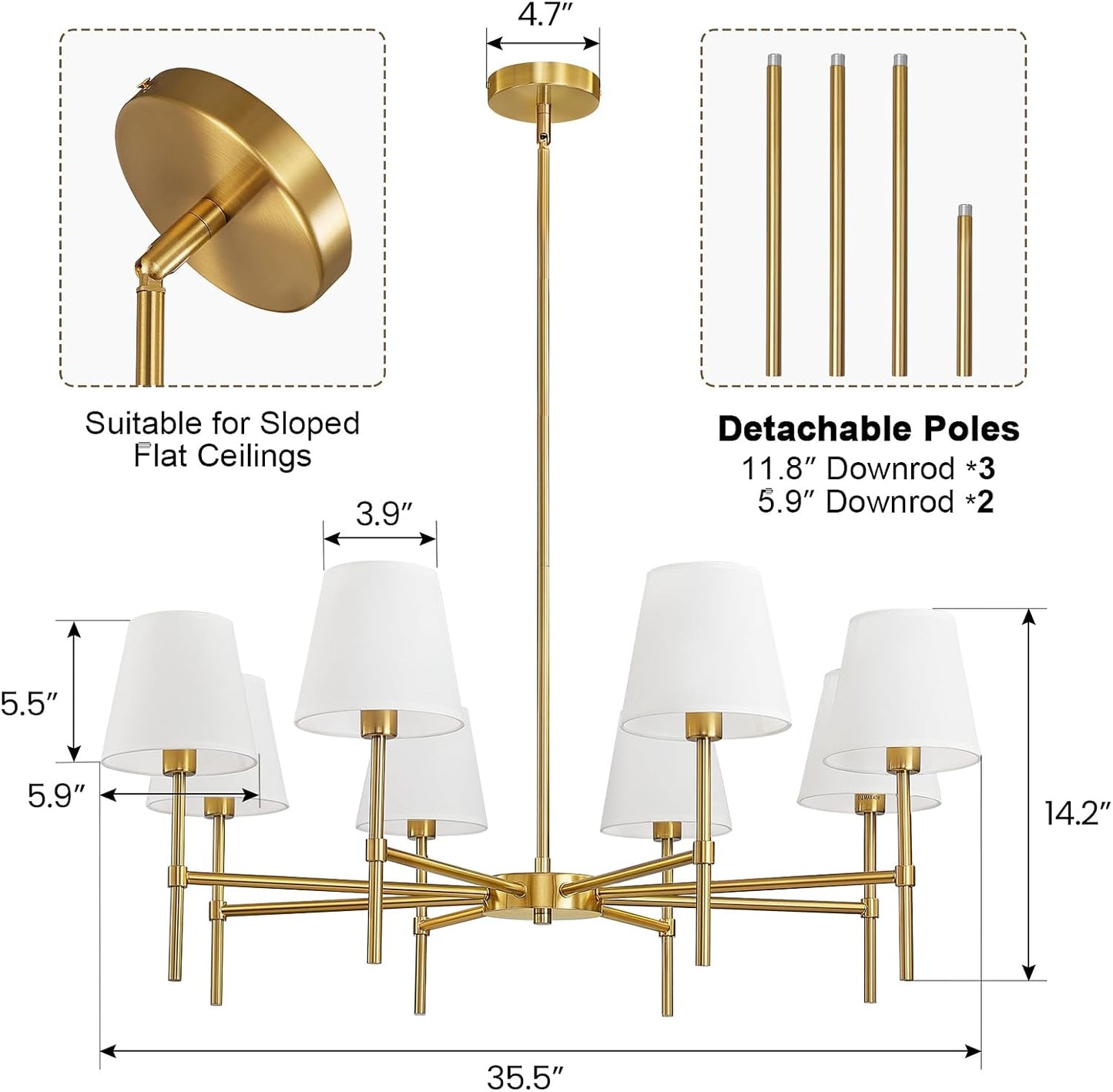 Candelabro 8 luces dorado moderno ajustable dormitorio cocina