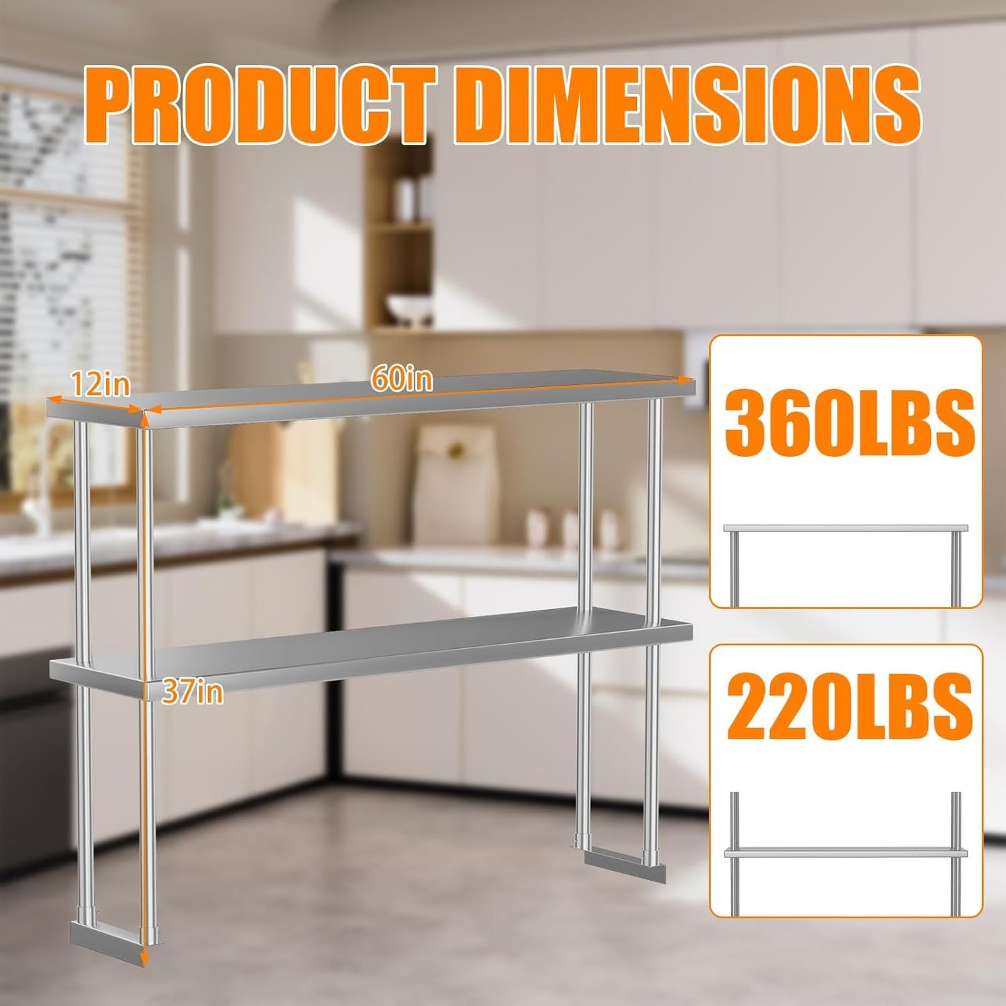 Estante de acero inoxidable doble ajustable para mesa de trabajo y cocina
