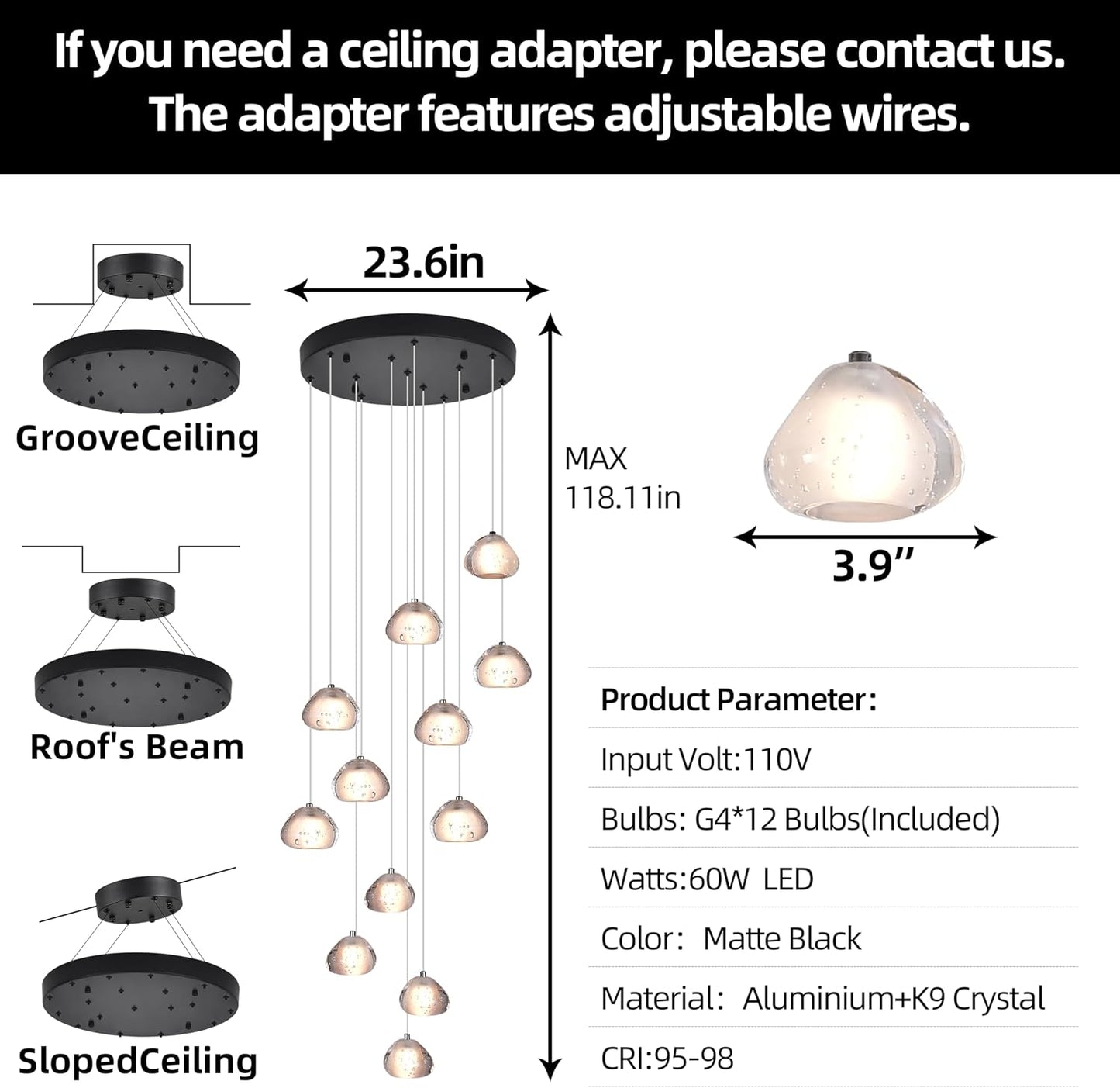Candelabro cristal K9 negro mate 12 luces regulable