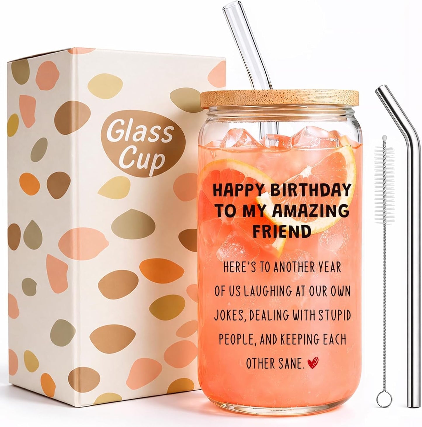 Vaso de vidrio grueso con tapa de bambú y 2 popotes reutilizables