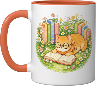 Taza cerámica de gato kawaii con flores en naranja y blanco