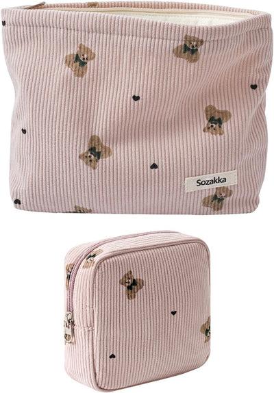 Bolsa maquillaje pana suave con cremallera rosa para mujer y niña