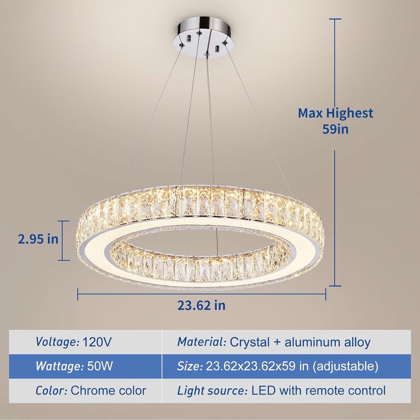 Lámpara colgante LED de cristal ajustable 50W sala comedor