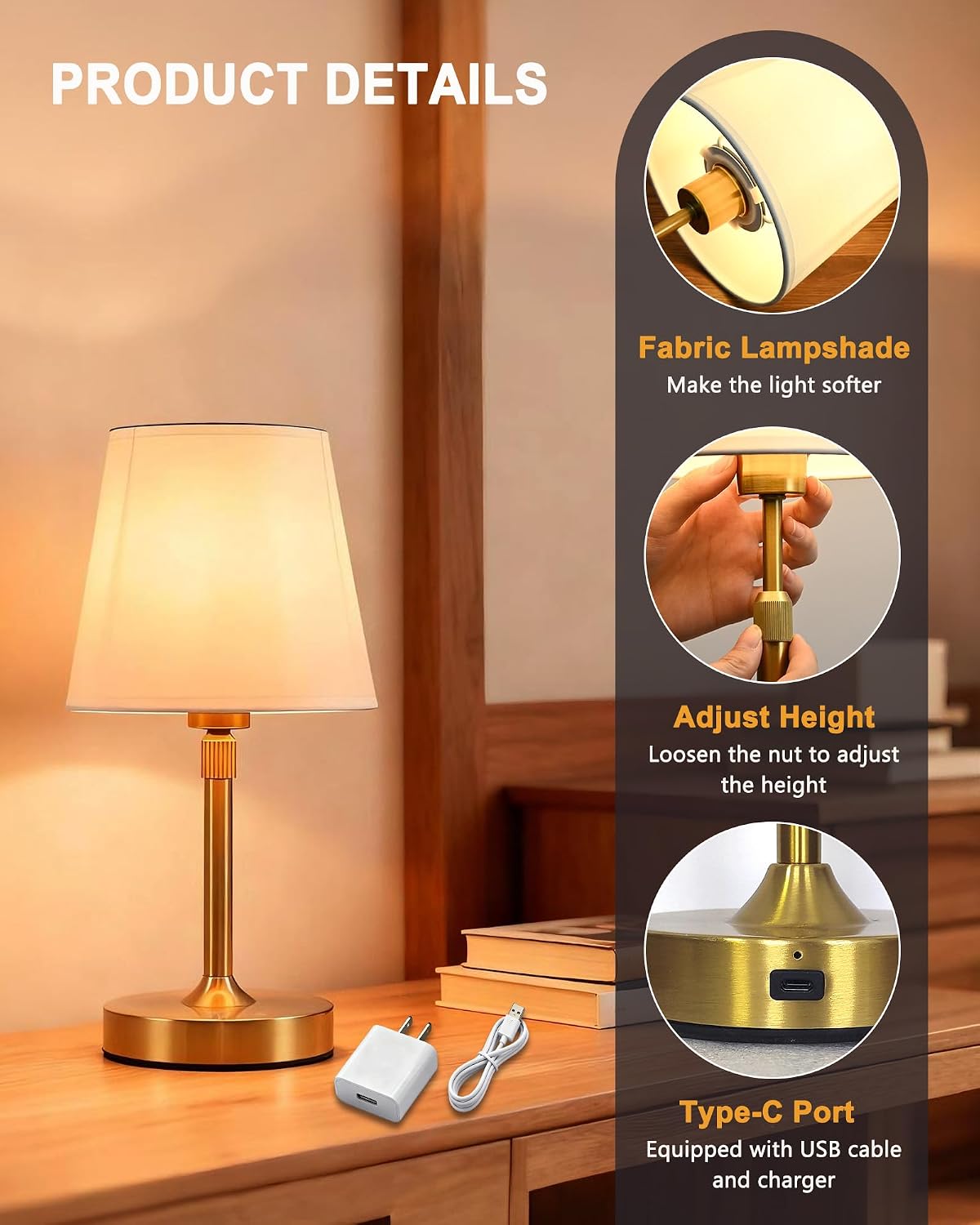 Lámpara inalámbrica recargable mesa escritorio táctil dorada