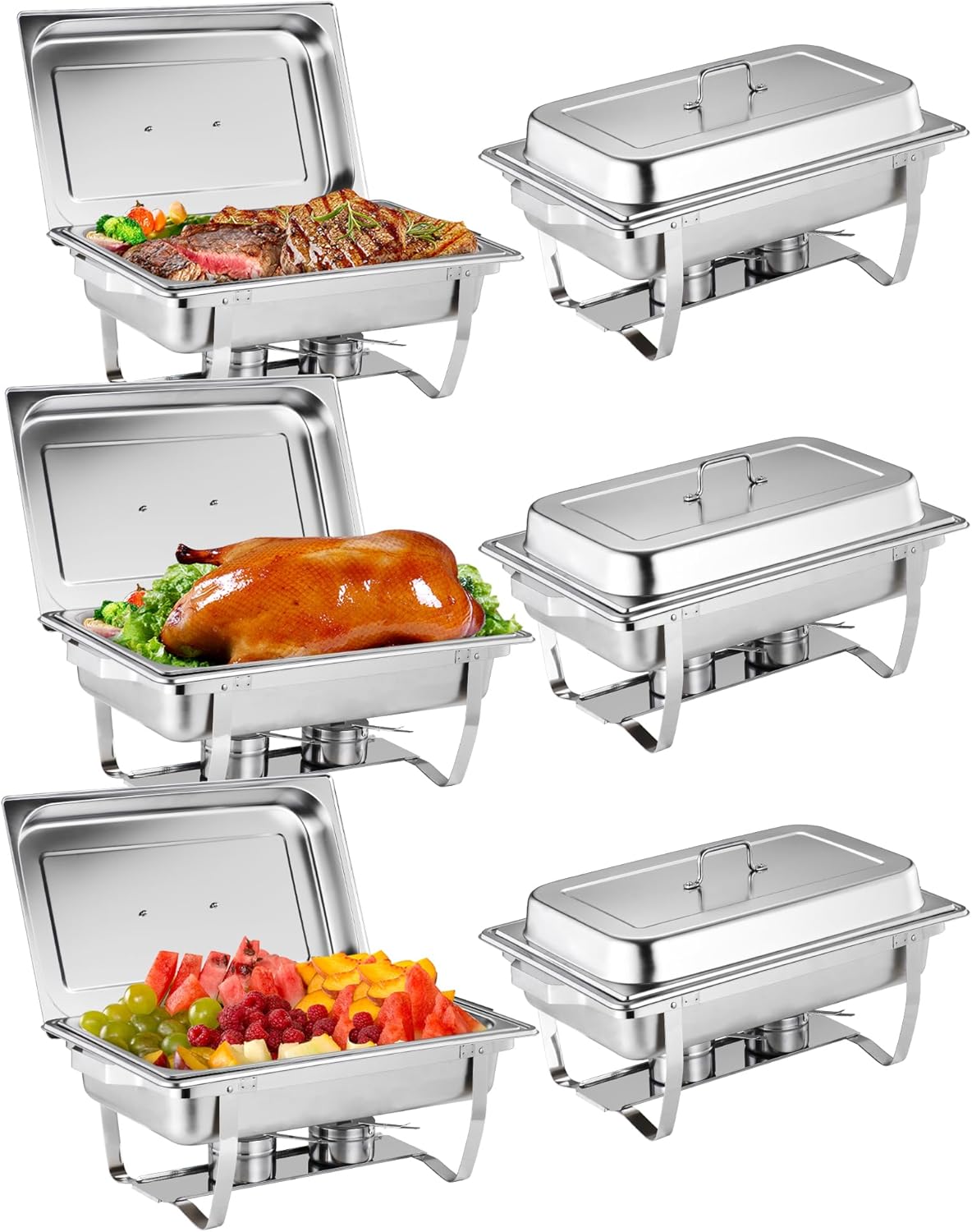6 Pzas Chafer Acero Inox con Tapas 8qt para Eventos
