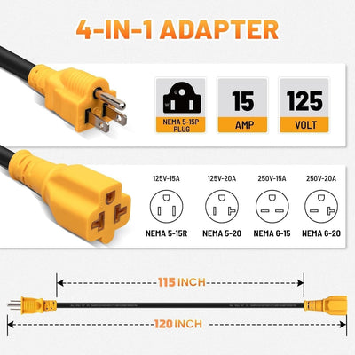 Cable adaptador impermeable 10ft 15A para exteriores 12/3
