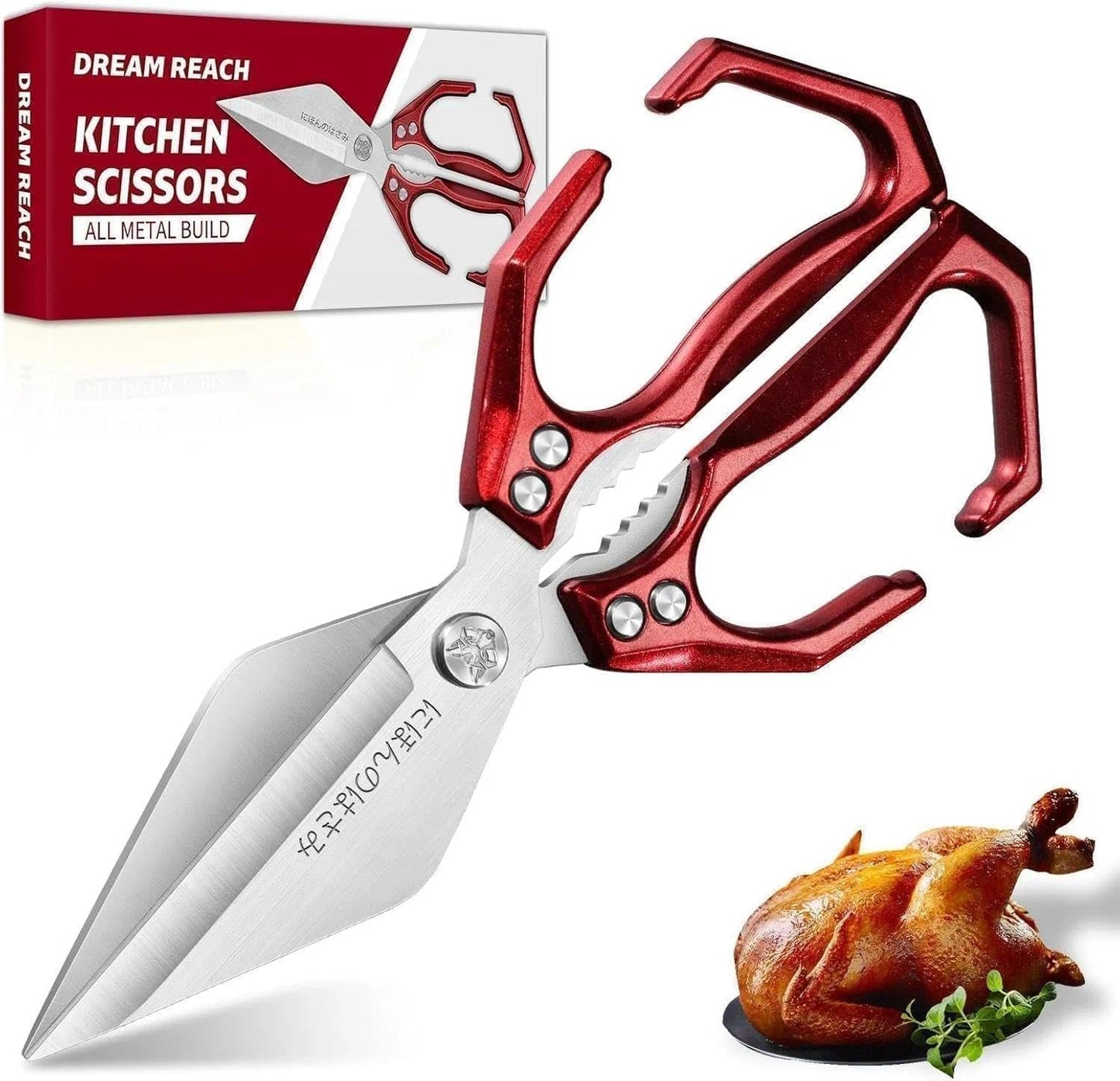 Tijeras de cocina pesadas Dream Reach rojas con cuchillo chef forjado y funda de cuero