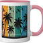 Taza cerámica retro de palma con atardecer rosa/blanco