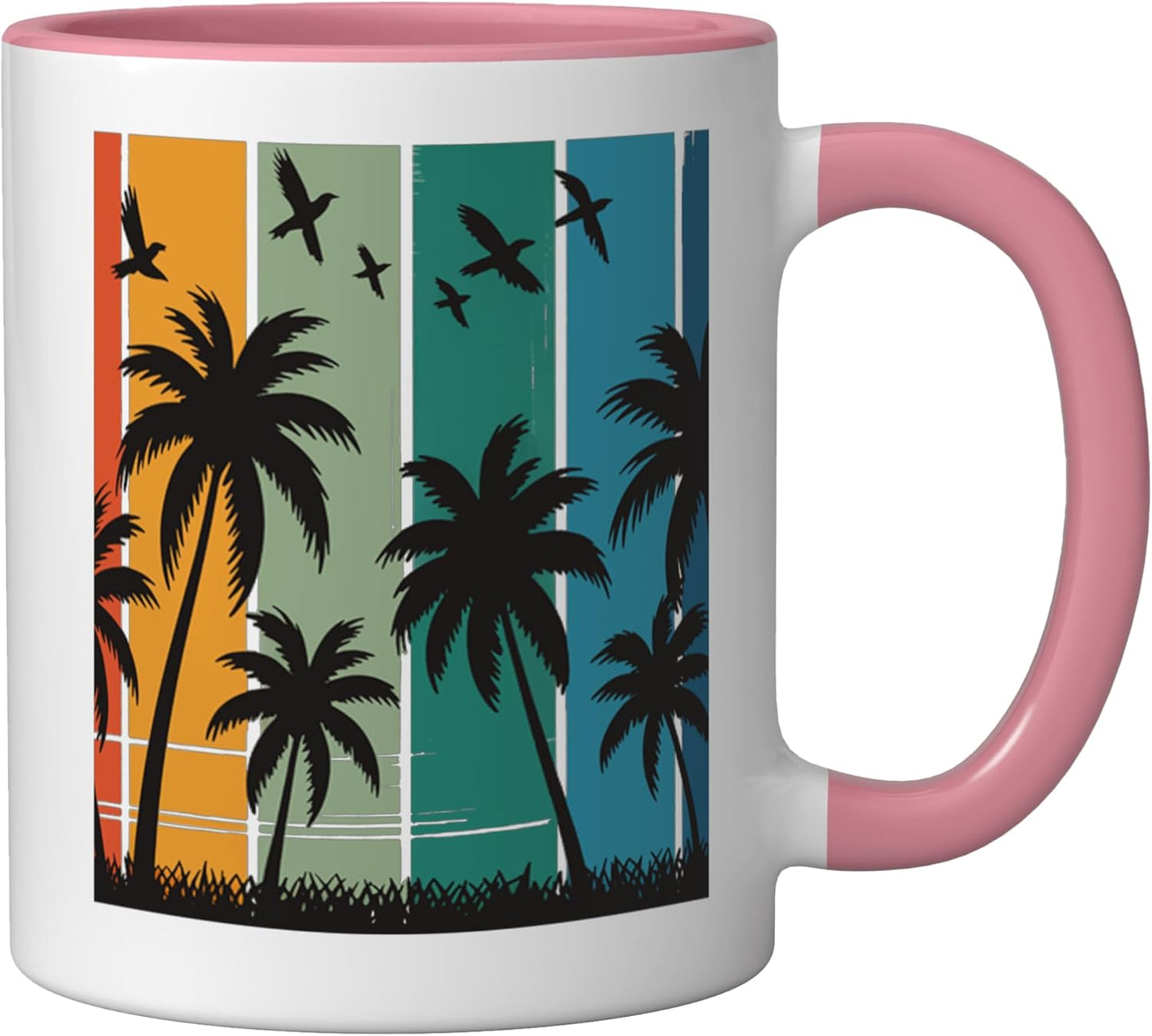 Taza cerámica retro de palma con atardecer rosa/blanco