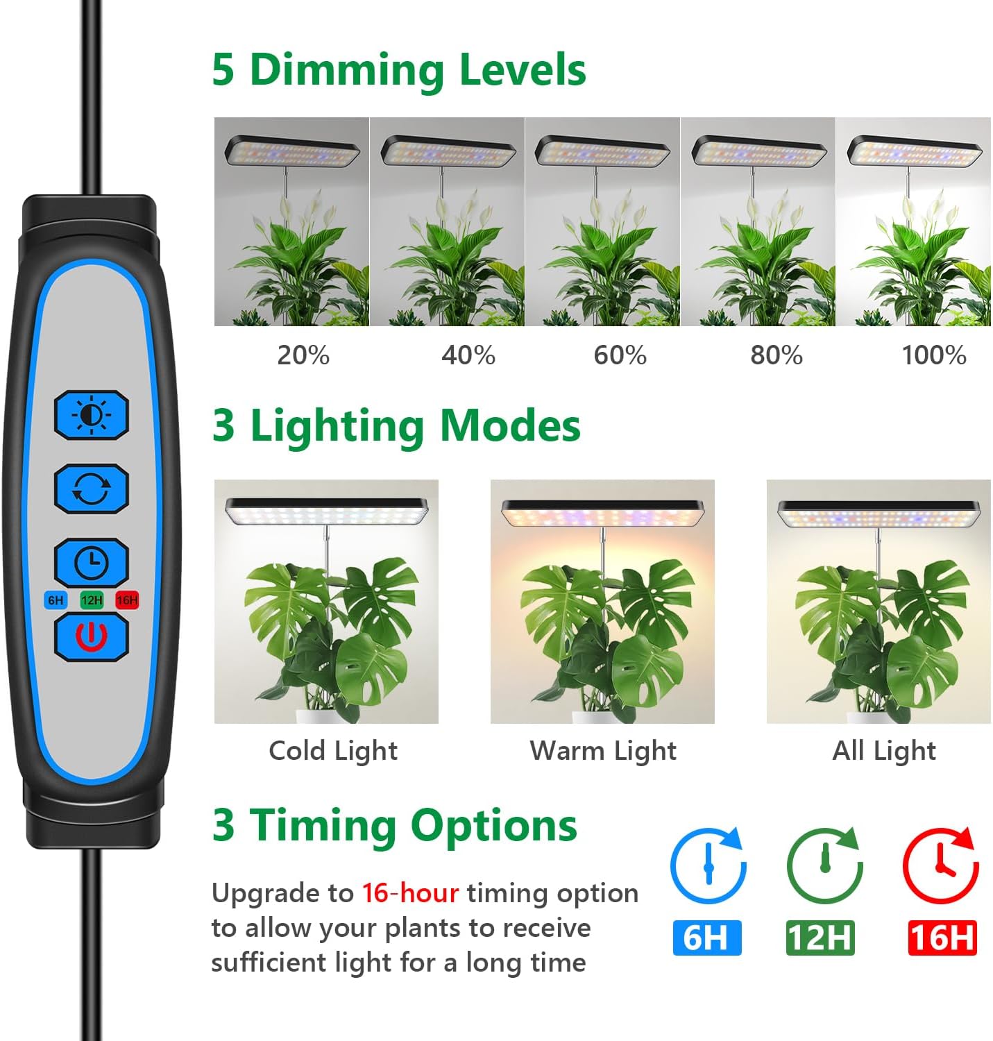 Luz cultivo plantas LED 5000K espectro completo 26pulg