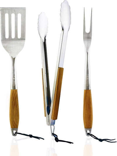 Set 3 Pzas Utensilios Barbacoa Acero Inox Marrón