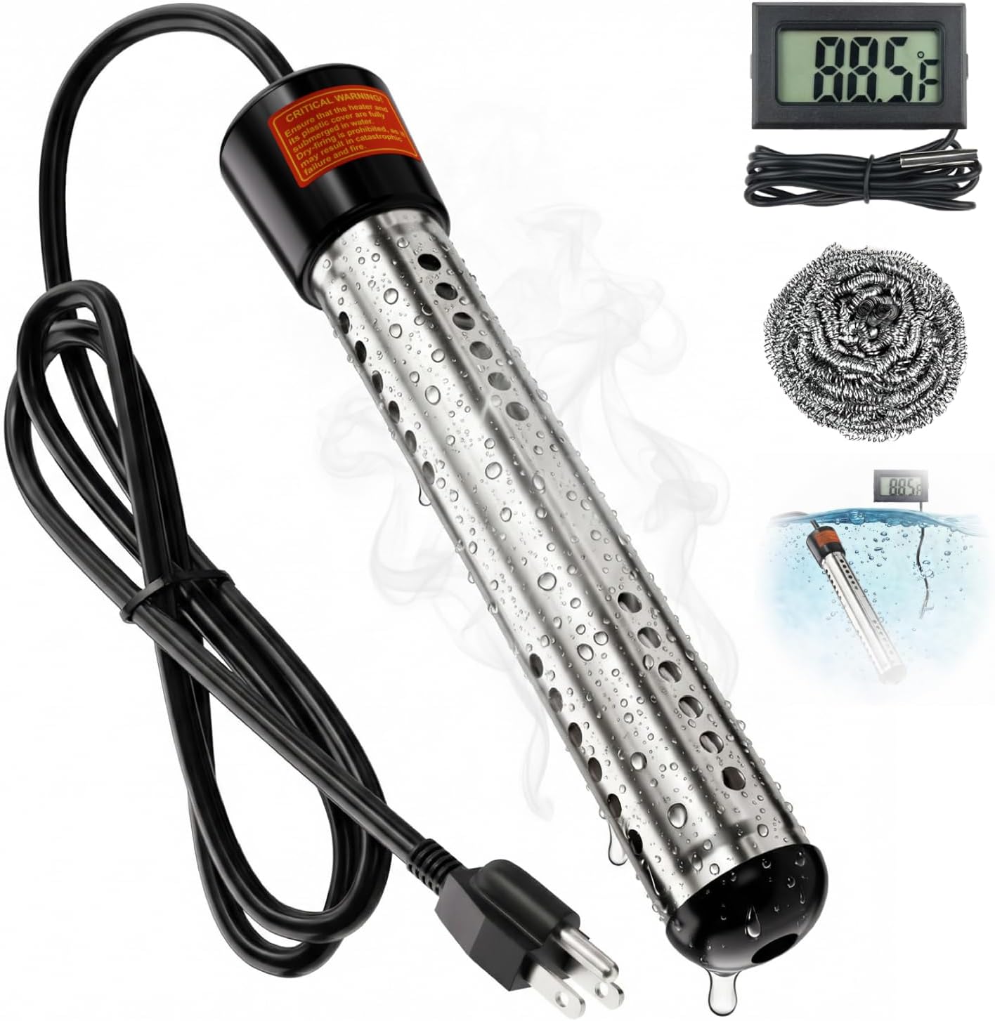 Calentador agua inmersión 2000W acero inox termómetro LCD