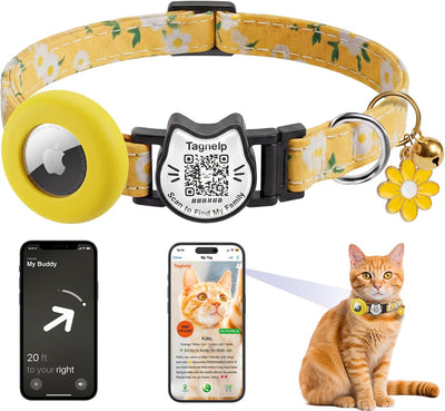 Collar gato con QR y soporte AirTag algodón ajustable amarillo