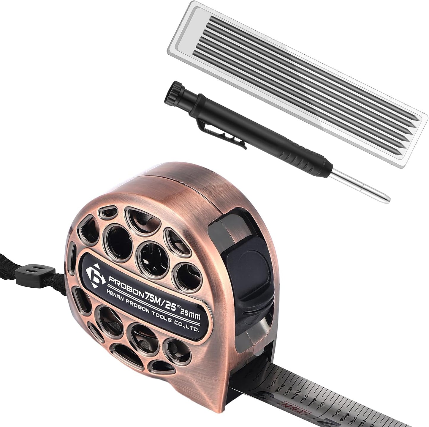 Kit cinta métrica acero inox y lápiz carpintero bronce 16pies
