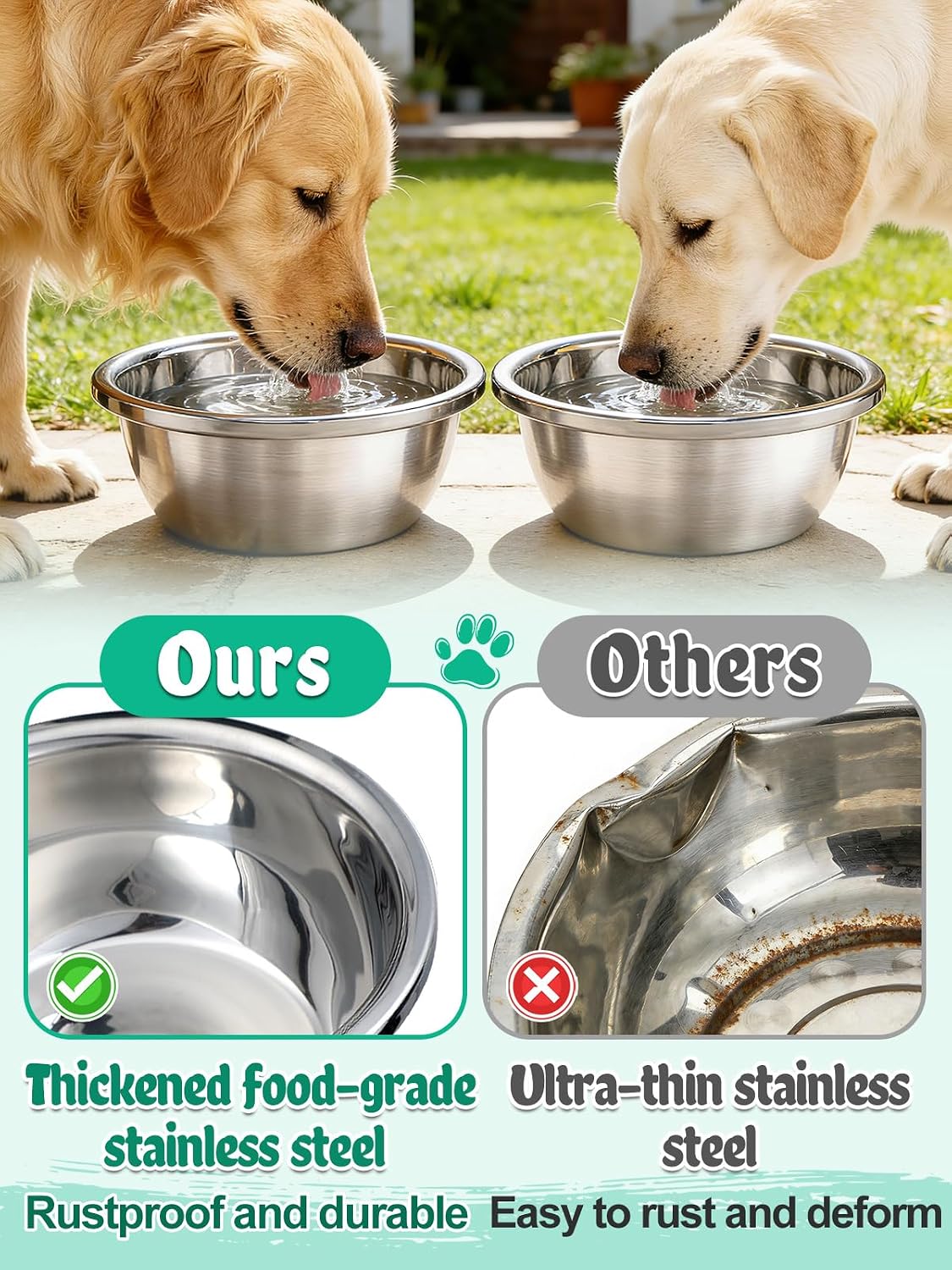 2 Cuencos Acero Inox para Perros 1.3gal Fáciles de Limpiar