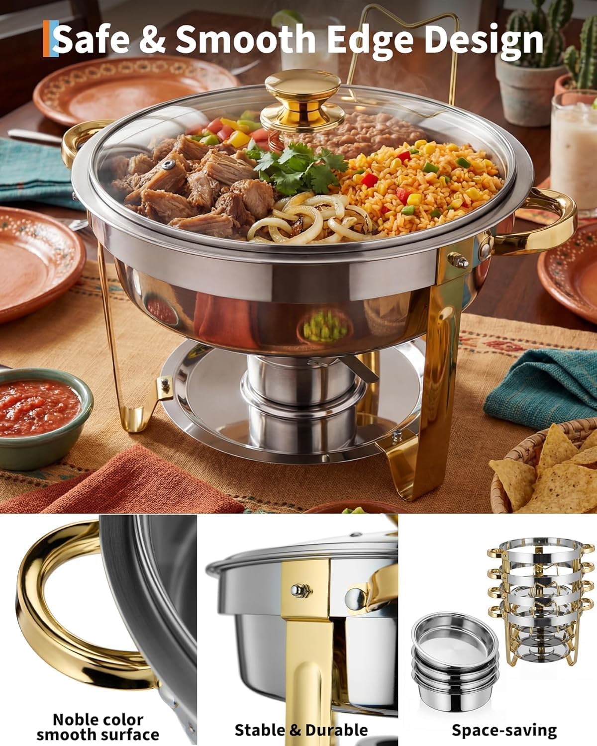 Set 4 Pzas Chafer Acero Inox con Tapa Vidrio Dorado