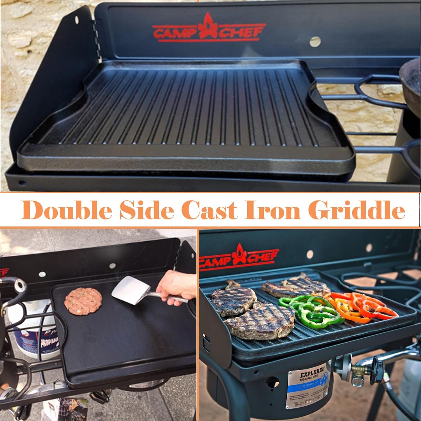 Plancha hierro fundido 14x16pulg reversible gas camping