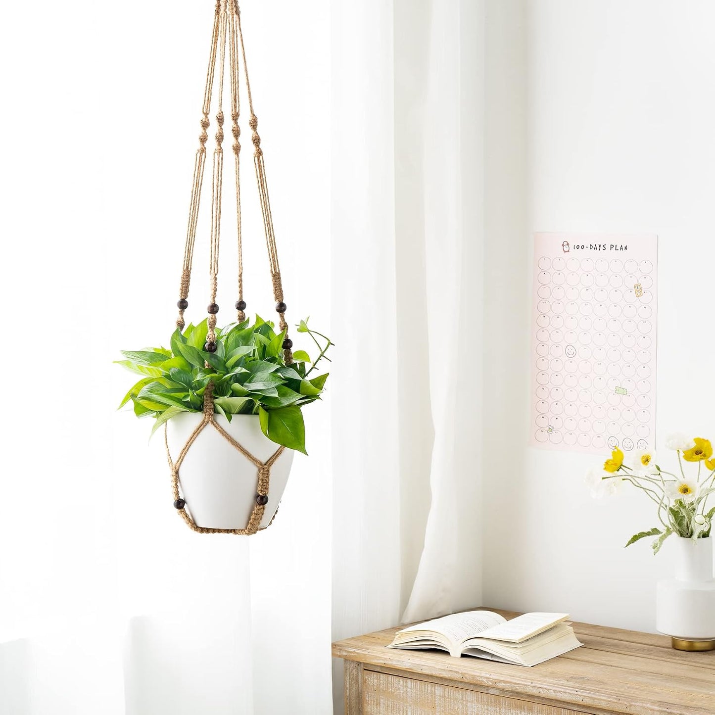 Colgador macramé para macetas cesta madera marrón