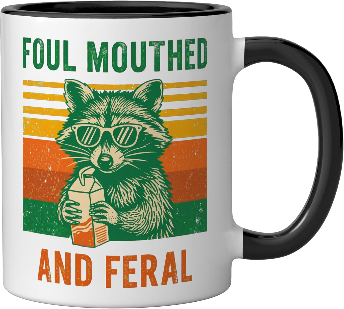 Taza cerámica de raccoon malhablado y feral negra/blanca