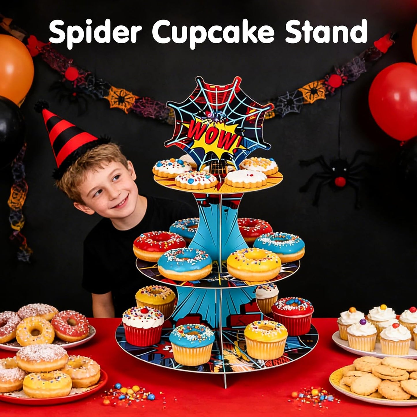 Soporte cupcakes temática anime 3 niveles rojo azul