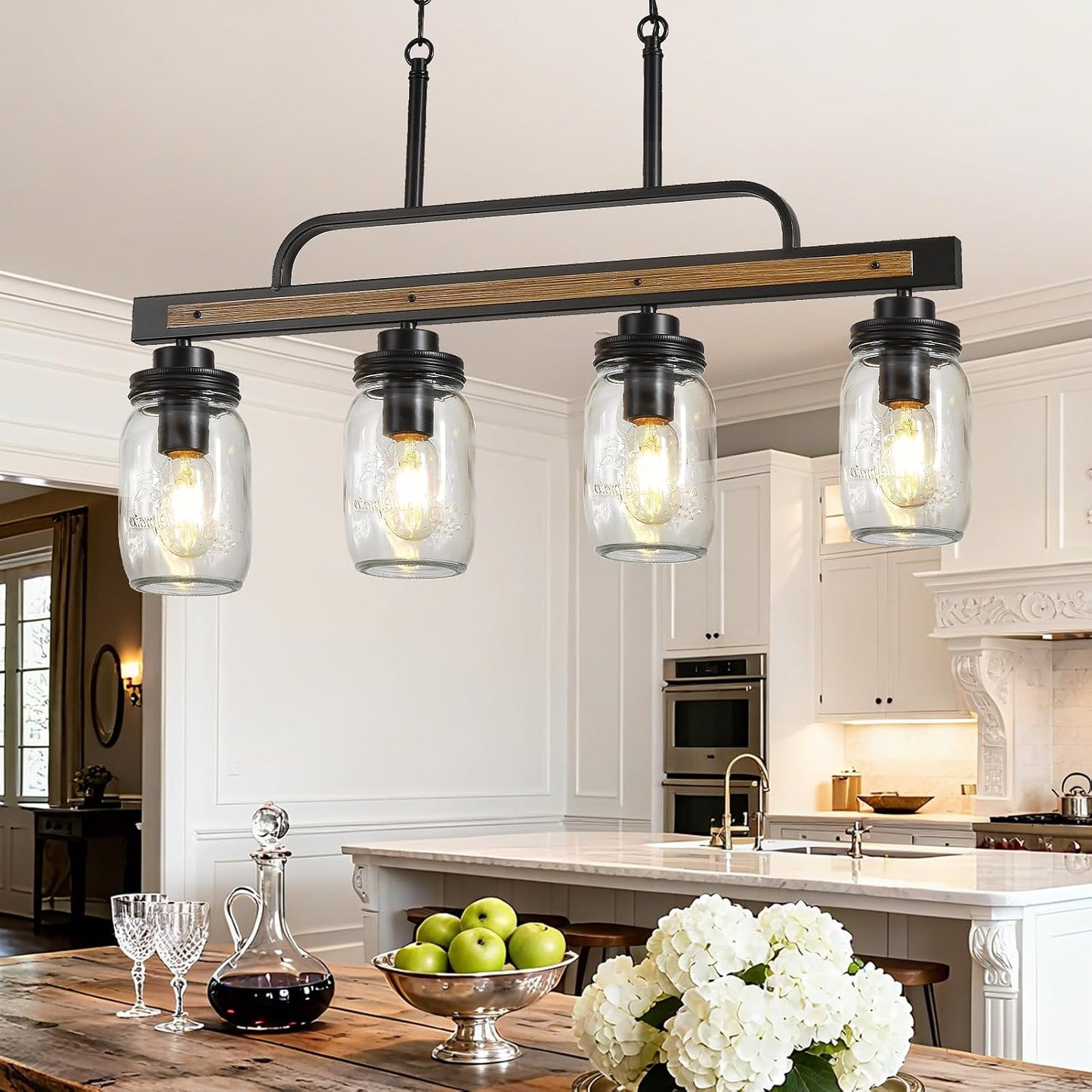 Candelabro 4 luces comedor madera sintética pantalla vidrio