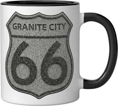 Taza cerámica Granite City Illinois IL 66 Badge negro/blanco
