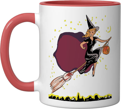 Taza Cerámica Halloween Bruja Escoba Calabaza Luna Rojo/Blanco