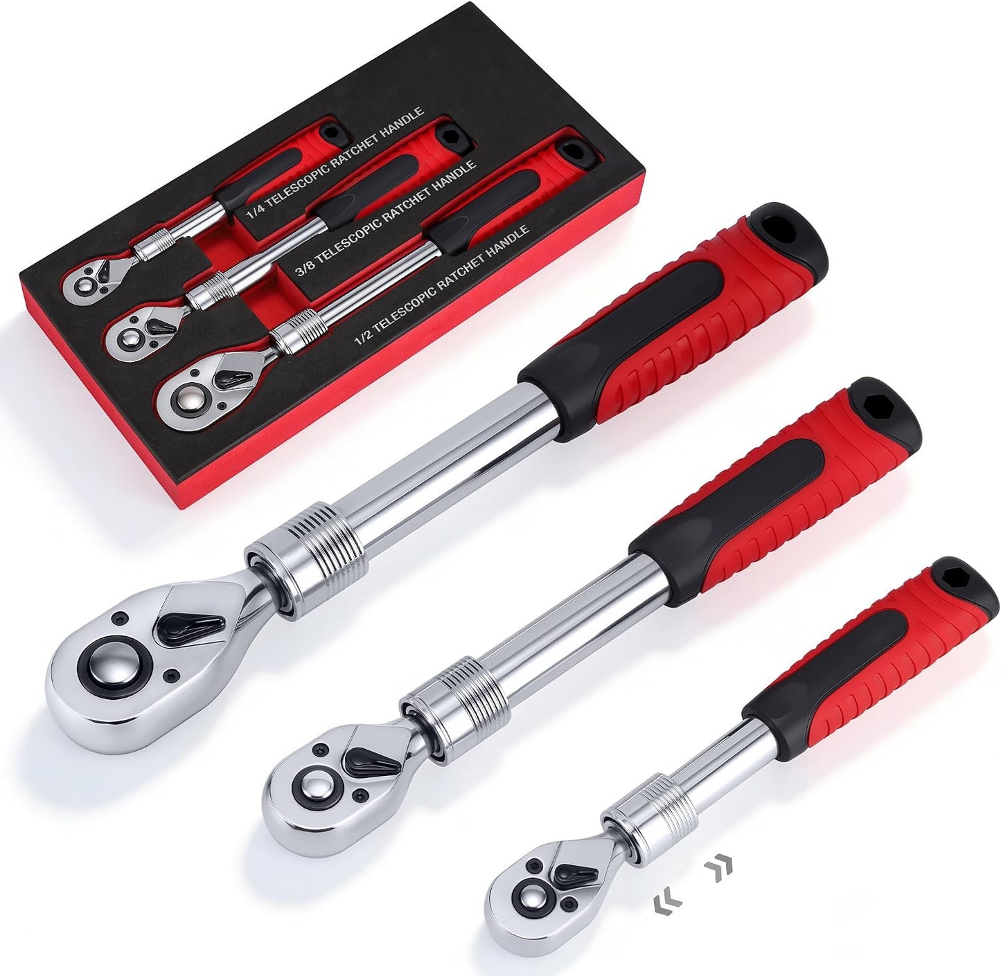 Juego trinquete extensible 3 pzas 1/4 3/8 1/2 cromado