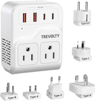Adaptador enchufe viaje 7 en 1 2000W con 3 CA 2 USB-A 2 USB-C PD