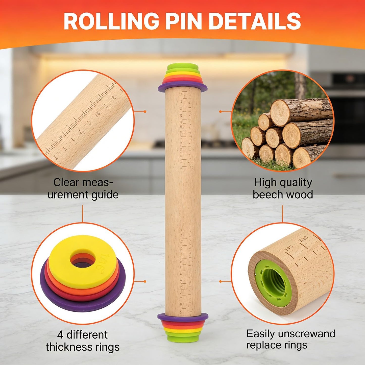Rodillo de madera ajustable con anillos de grosor para hornear, galletas y masa de pizza